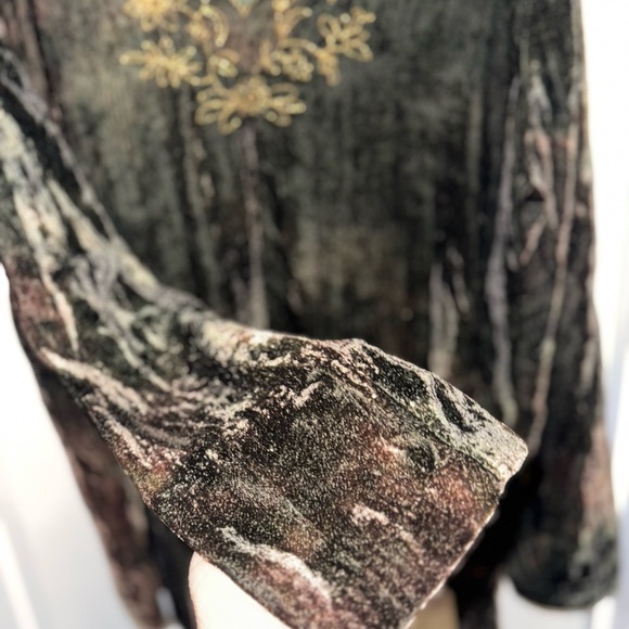 Vintage Green Black Velvet Peasant Blouse Women’s L Embroidery Earthy Grunge - Picture 4 of 8